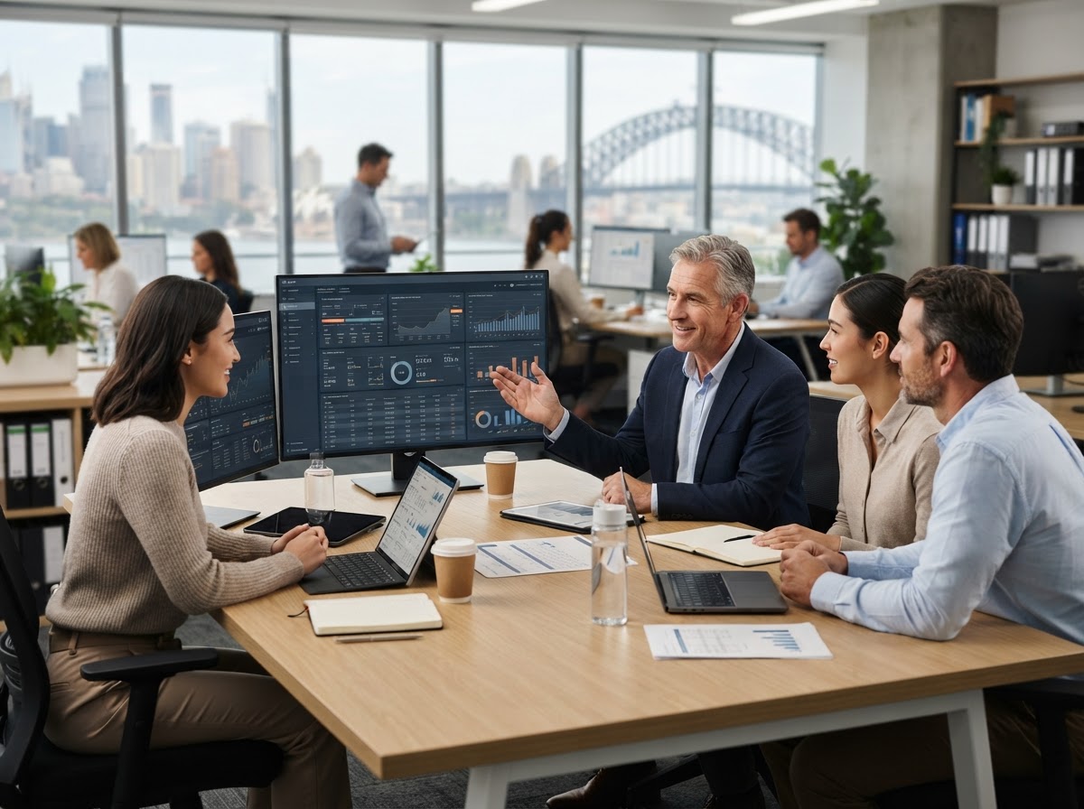 Beacon Winstek team reviewing portfolio data on screens